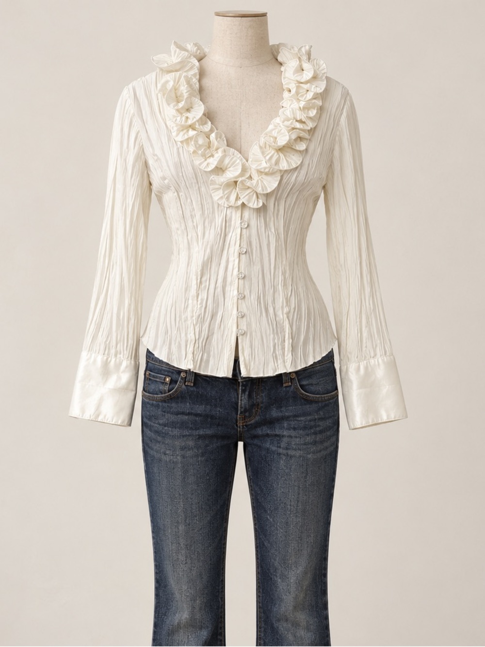 Vintage Harvey Benard White Pleated, Ruffle Neckline, French Cuff Style Blouse